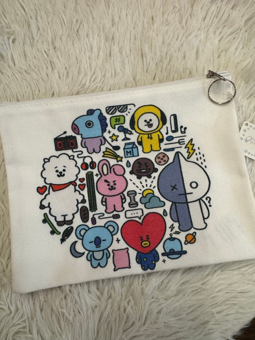 BT21 White canvas pencil pouch zipper with cartoon characters and accessories